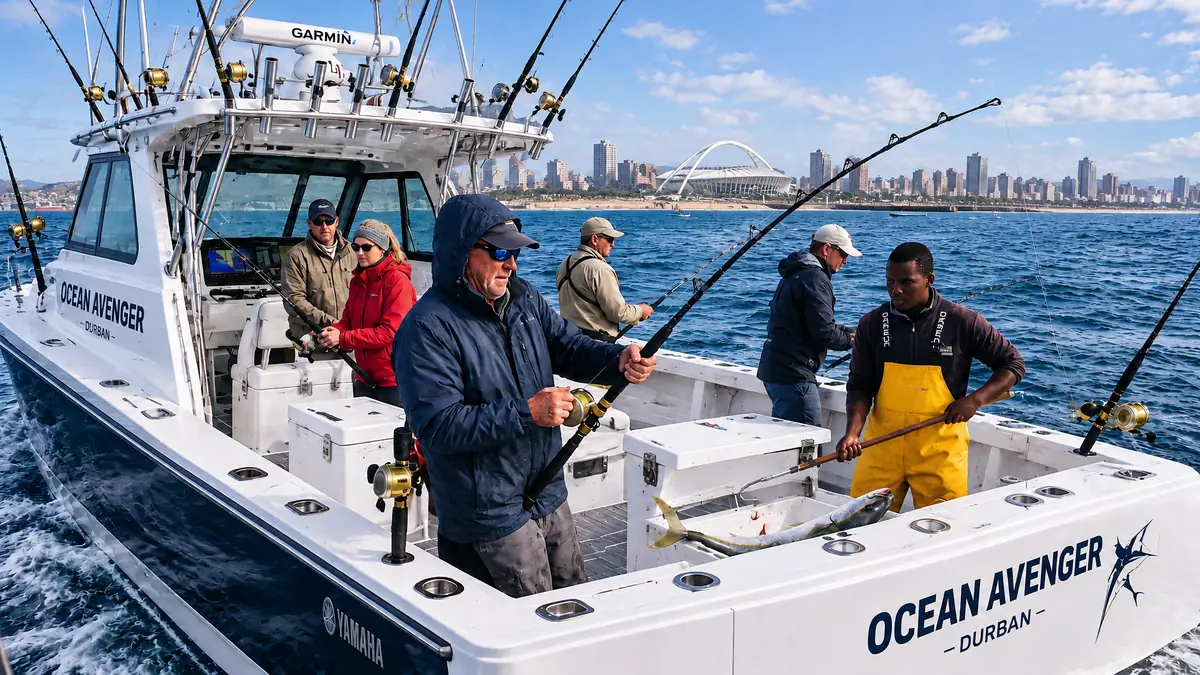 Deep Sea Fishing Durban - anglers fishing from a white charter boat off Durban with the Moses Mabhida Stadium arch and the beachfront skyline behind, a deckhand in yellow waders gaffing a fish at the stern Deep Sea Fishing Durban - anglers fishing from a white charter boat off Durban with the Moses Mabhida Stadium arch and the beachfront skyline behind, a deckhand in yellow waders gaffing a fish at the stern